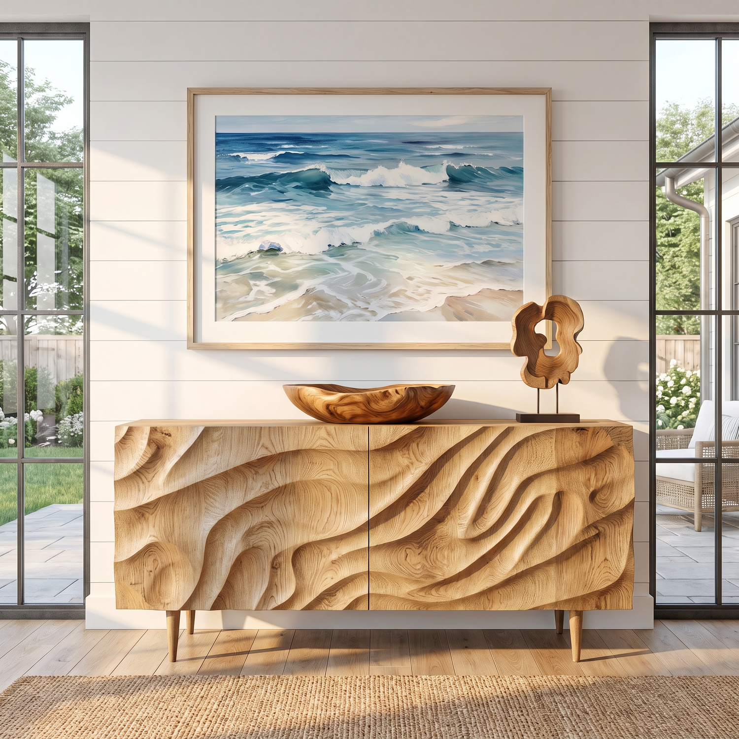 Sideboard Cabinet with Carved Wave Front for Modern Living and Dining Rooms