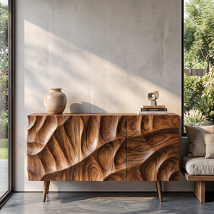 Sideboard Cabinet Solid Wood with Sculpted Layered Relief Doors for Living Room Storage
