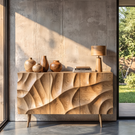 Sideboard Cabinet Solid Wood with Sculpted Layered Relief Doors for Living Room Storage