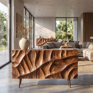 Sideboard Cabinet Solid Wood with Sculpted Layered Relief Doors for Living Room Storage