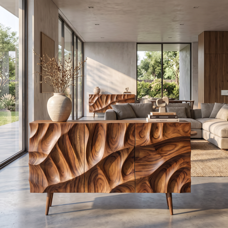 Sideboard Cabinet Solid Wood with Sculpted Layered Relief Doors for Living Room Storage