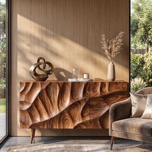 Sideboard Cabinet Solid Wood with Sculpted Layered Relief Doors for Living Room Storage