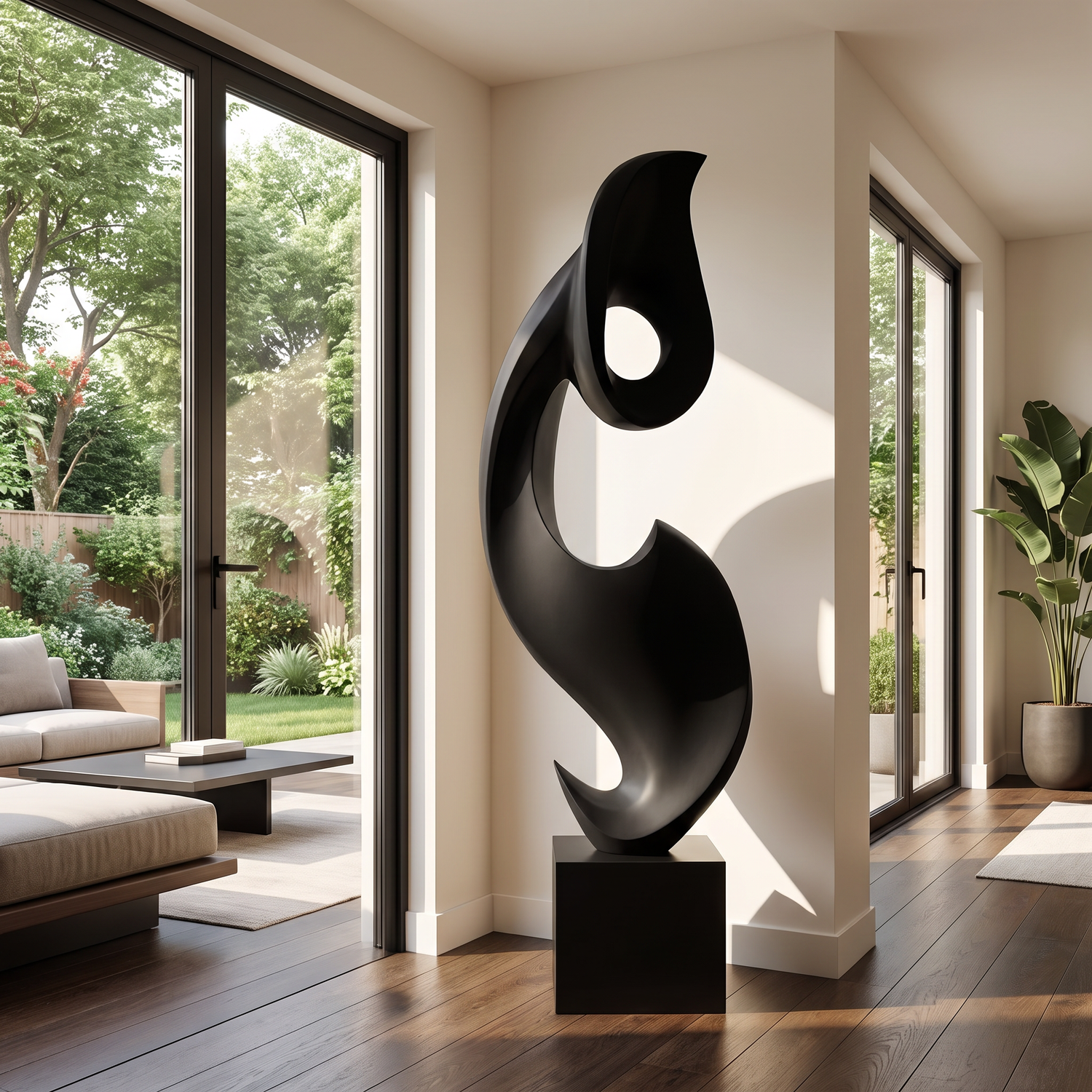 Tall Solid Wood Abstract Floor Sculpture with Plinth for Modern Interiors