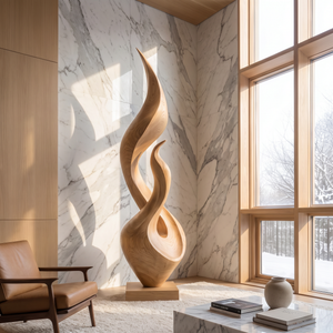 Tall Solid Wood Flame Floor Sculpture for Modern Interiors