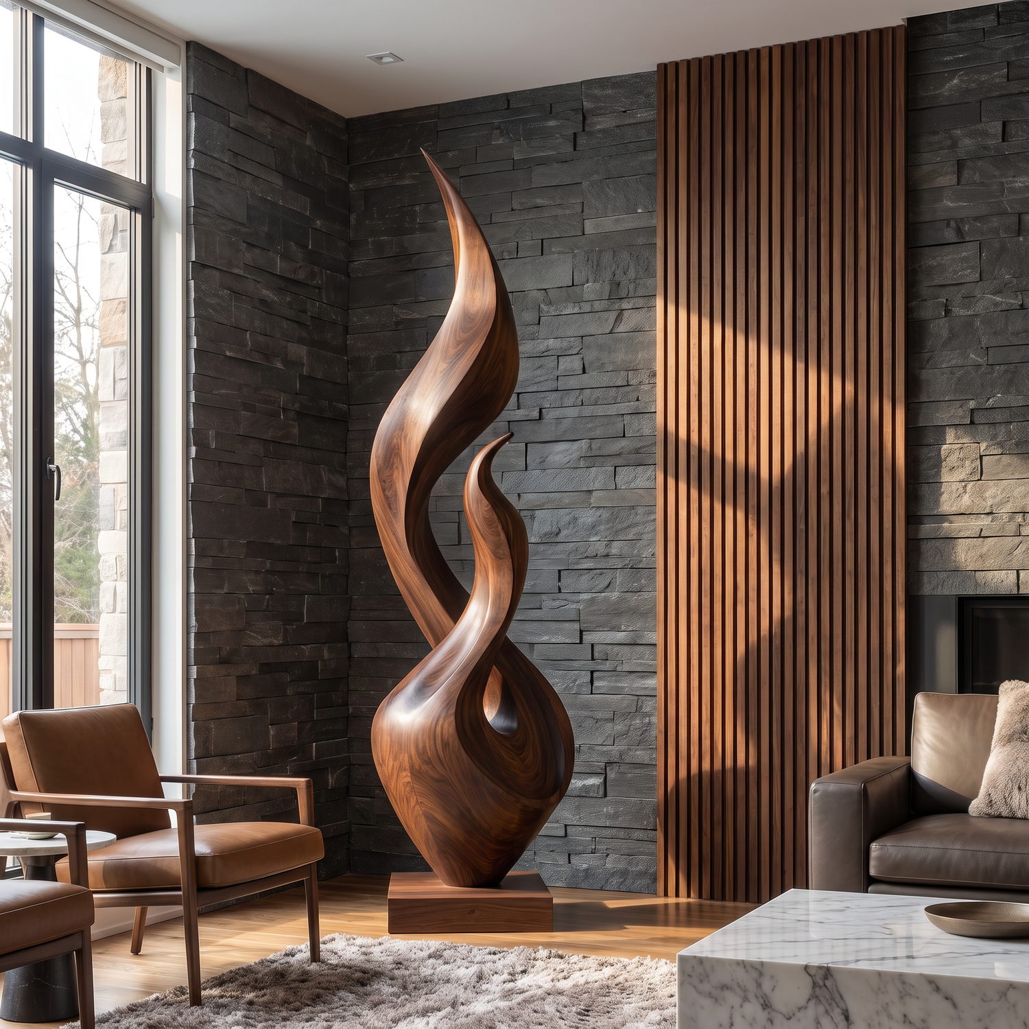 Tall Solid Wood Flame Floor Sculpture for Modern Interiors