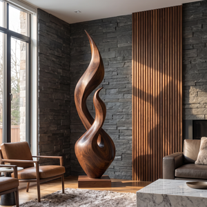 Tall Solid Wood Flame Floor Sculpture for Modern Interiors
