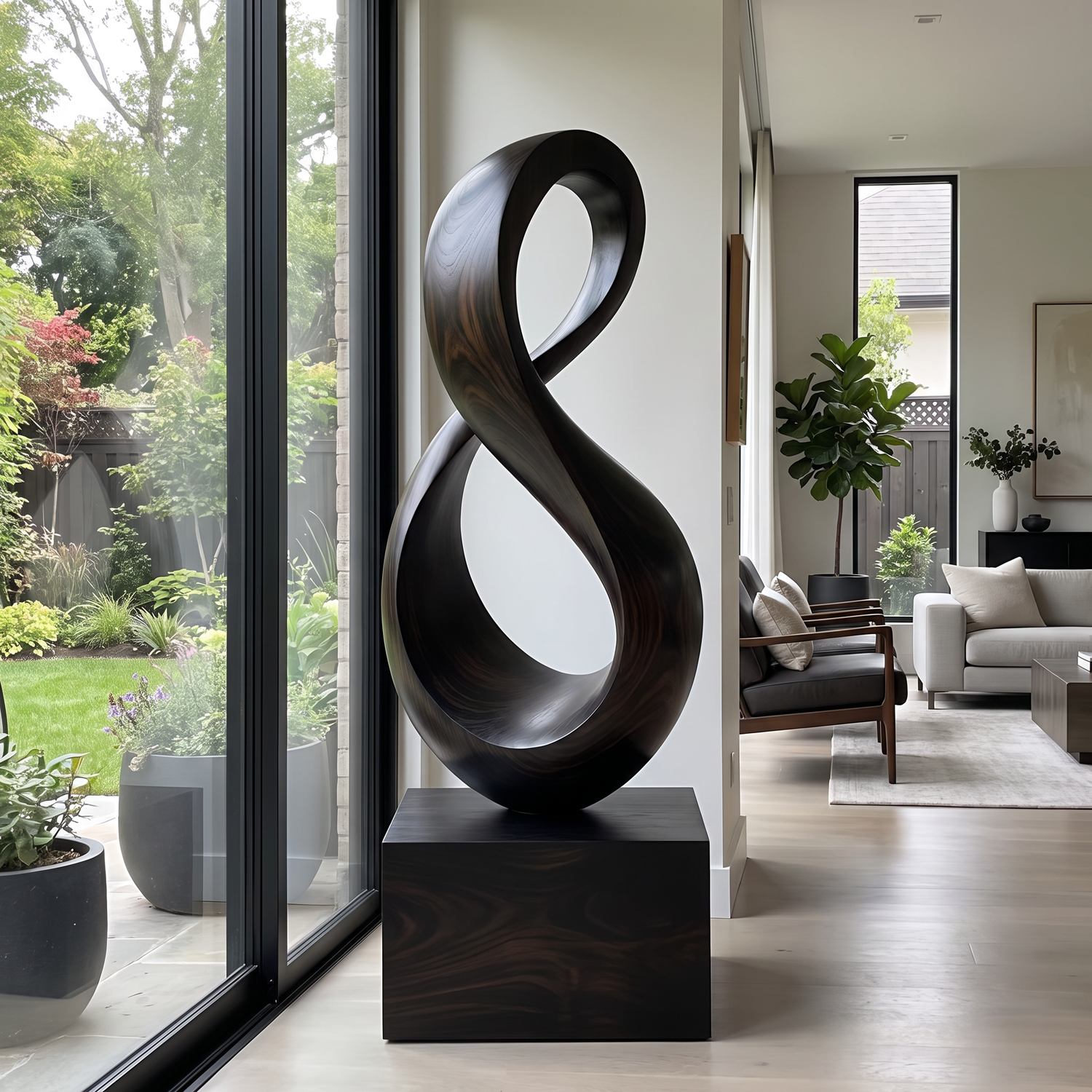 Tall Solid Wood Infinity Loop Sculpture with Plinth for Modern Spaces
