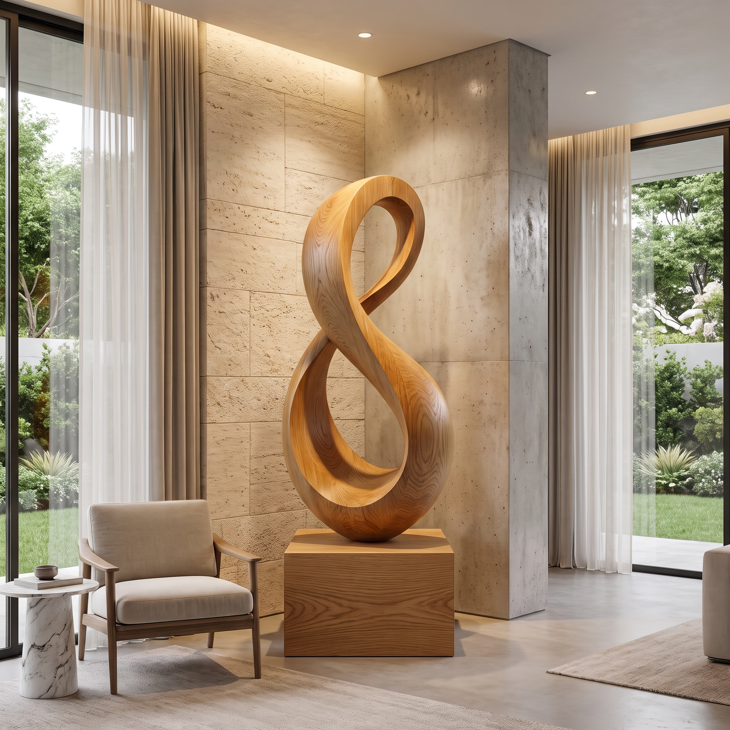 Tall Solid Wood Infinity Loop Sculpture with Plinth for Modern Spaces