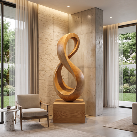 Tall Solid Wood Infinity Loop Sculpture with Plinth for Modern Spaces