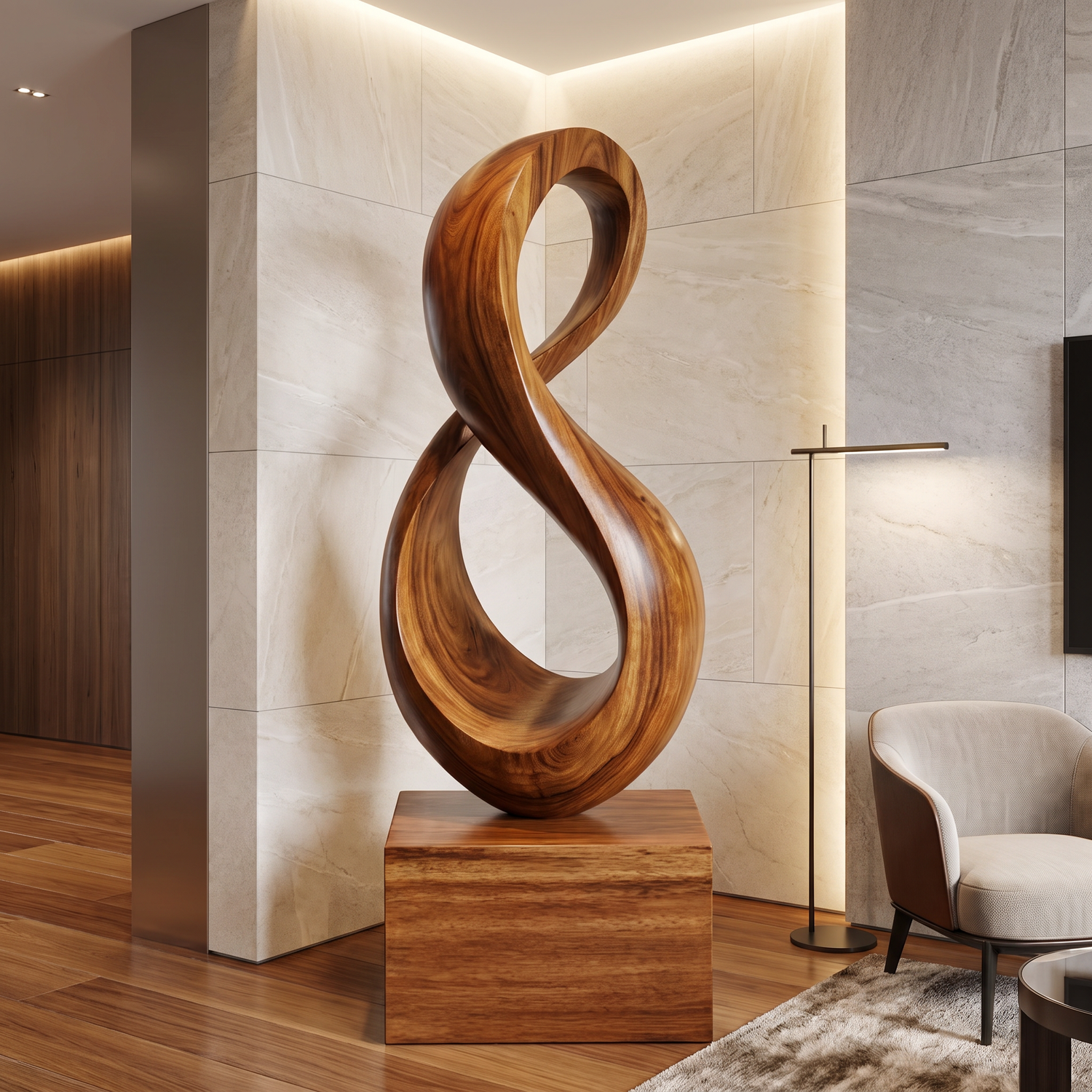 Tall Solid Wood Infinity Loop Sculpture with Plinth for Modern Spaces