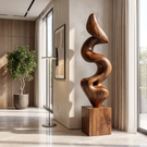 Handcrafted Solid Wood Floor Sculpture with Flowing Vertical Ribbon Form