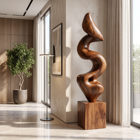 Handcrafted Solid Wood Floor Sculpture with Flowing Vertical Ribbon Form