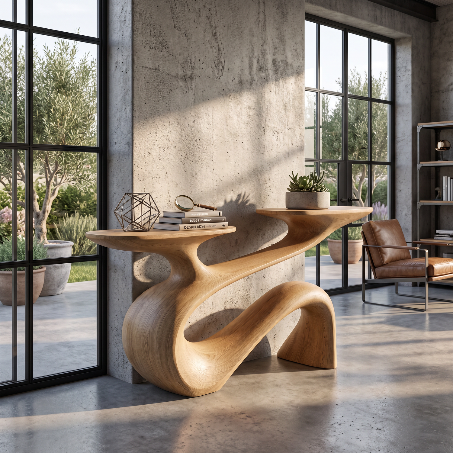 Console Table Solid Wood with Flowing Curved Base for Entryway Decor