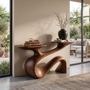 Console Table Solid Wood with Flowing Curved Base for Entryway Decor