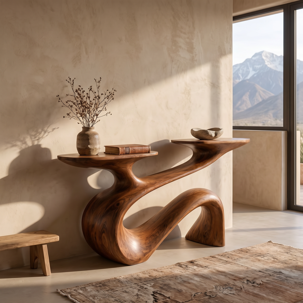 Console Table Solid Wood with Flowing Curved Base for Entryway Decor