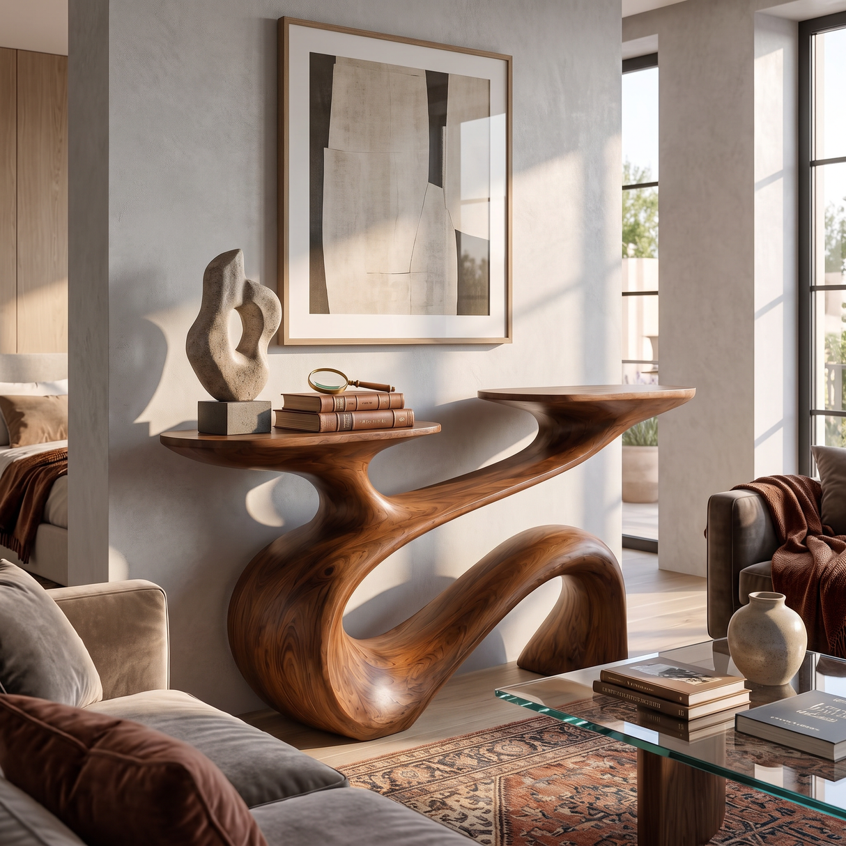 Console Table Solid Wood with Flowing Curved Base for Entryway Decor