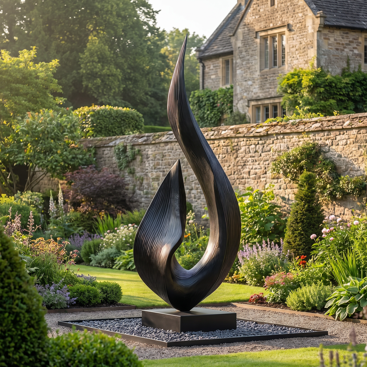 Large Outdoor Solid Wood Textured Flame Sculpture with Plinth for Gardens