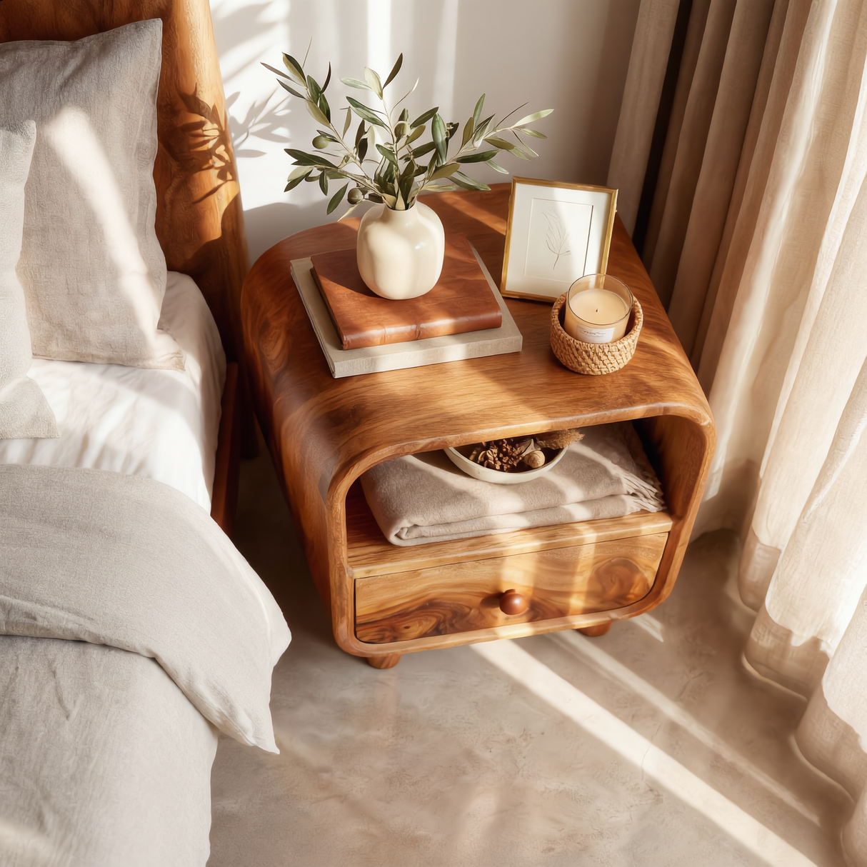 Handcrafted Solid Wood Bedside Table with Open Upper Shelf and Lower Drawer Storage