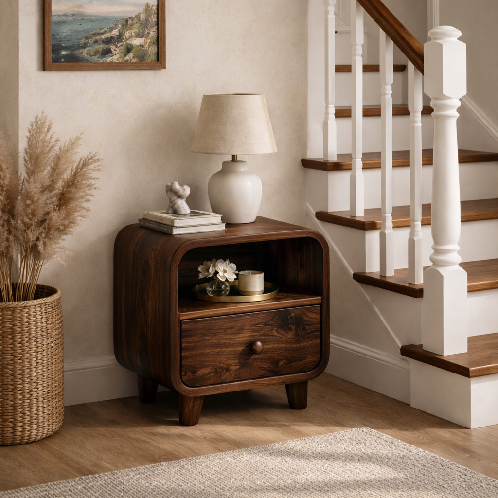 Handcrafted Solid Wood Bedside Table with Open Upper Shelf and Lower Drawer Storage