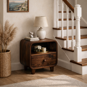 Handcrafted Solid Wood Bedside Table with Open Upper Shelf and Lower Drawer Storage