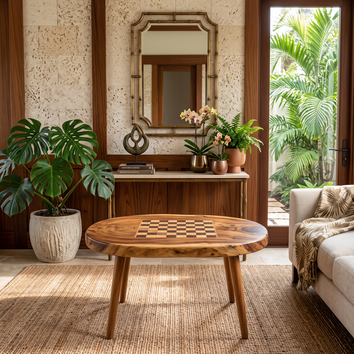 Handcrafted Solid Wood Chess Coffee Table with Freeform Top and Tapered Legs
