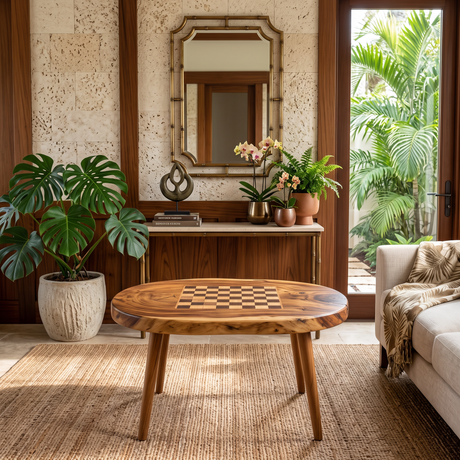 Handcrafted Solid Wood Chess Coffee Table with Freeform Top and Tapered Legs
