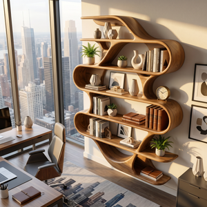 Sculptural Solid Wood Wall Mounted Bookshelf with Flowing Wave Shelves