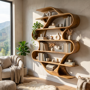 Sculptural Solid Wood Wall Mounted Bookshelf with Flowing Wave Shelves