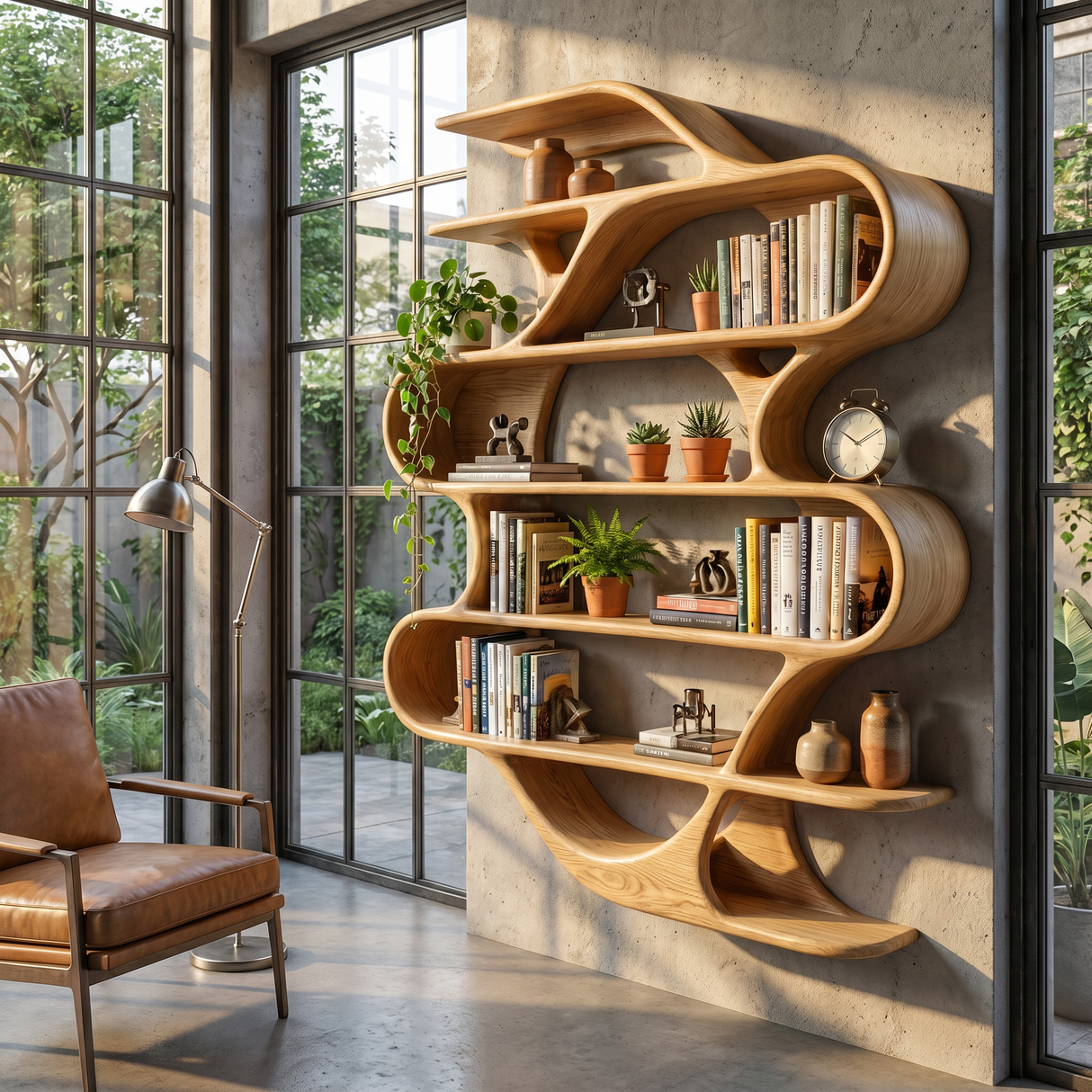 Sculptural Solid Wood Wall Mounted Bookshelf with Flowing Wave Shelves