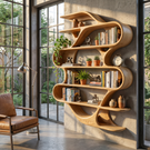 Sculptural Solid Wood Wall Mounted Bookshelf with Flowing Wave Shelves