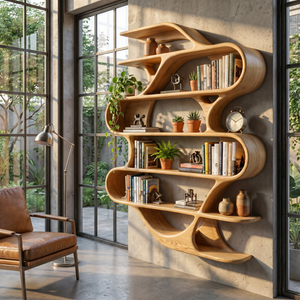 Sculptural Solid Wood Wall Mounted Bookshelf with Flowing Wave Shelves