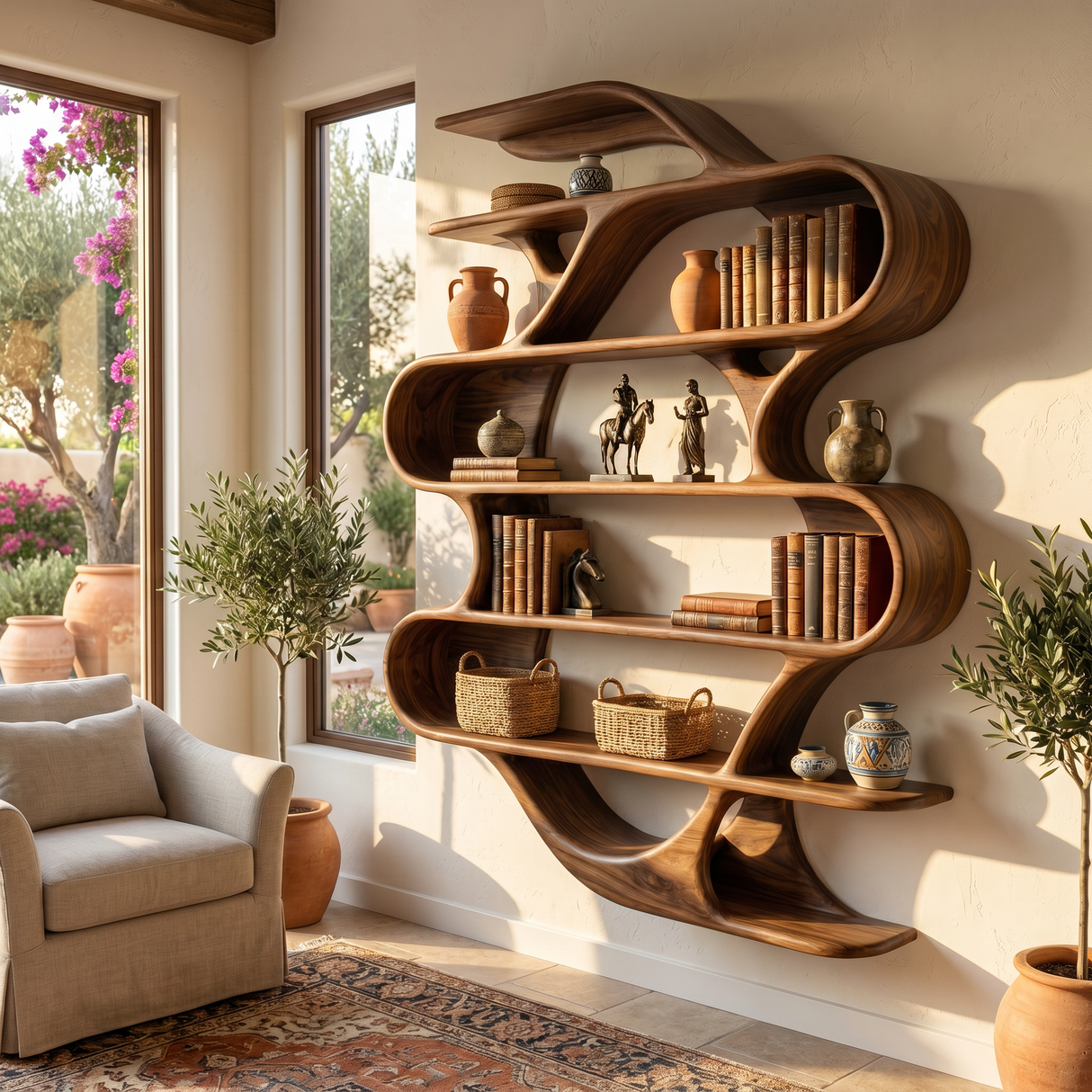 Sculptural Solid Wood Wall Mounted Bookshelf with Flowing Wave Shelves