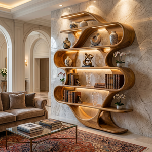 Sculptural Solid Wood Wall Mounted Bookshelf with Flowing Wave Shelves