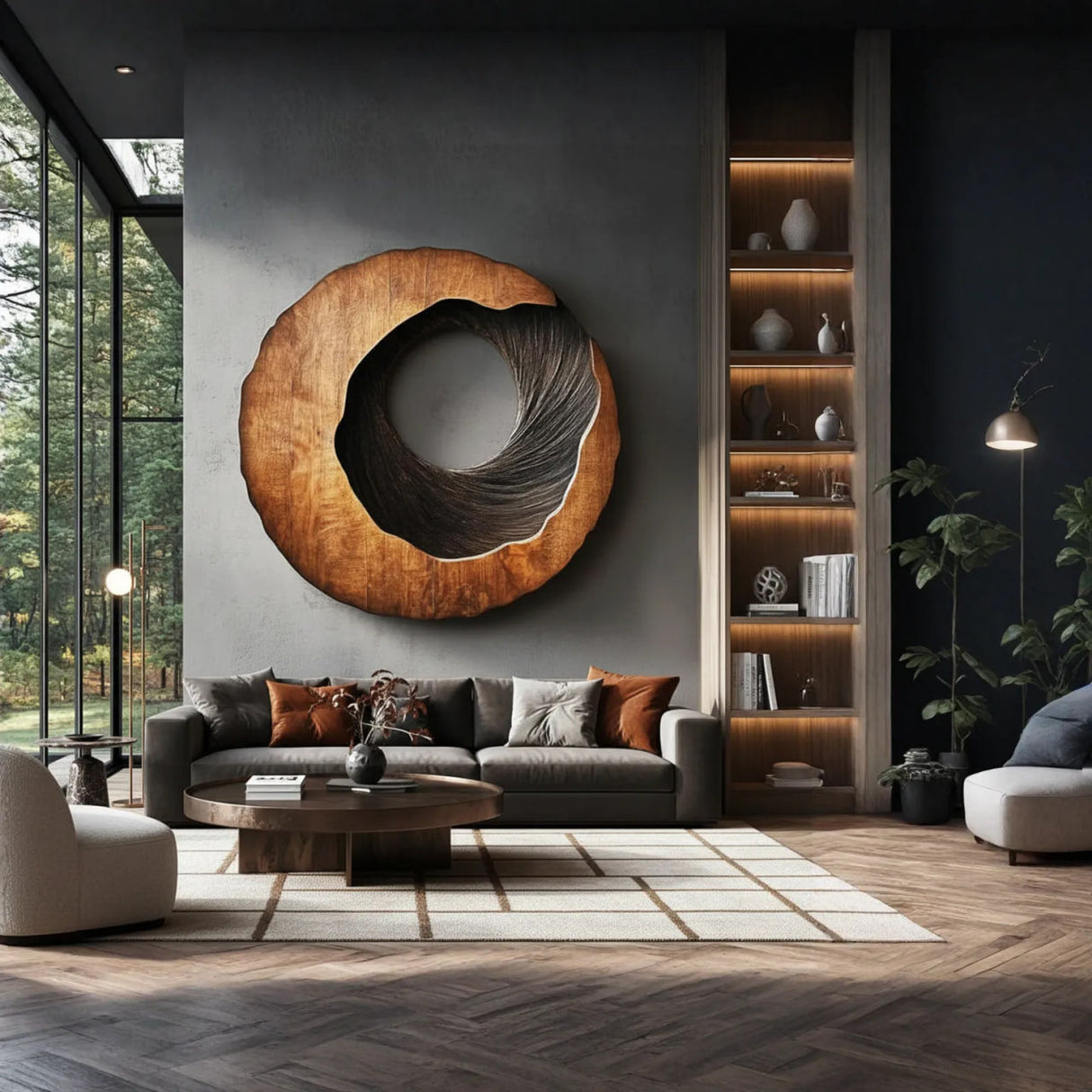 Textured Round Solid Wood Wall Sculpture for Living Room Interior Decor