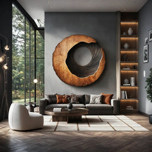 Textured Round Solid Wood Wall Sculpture for Living Room Interior Decor