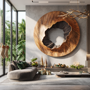 Large Round Solid Wood Wall Sculpture with Textured Center for Modern Interiors