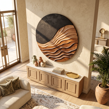 Round Layered Solid Wood Wall Sculpture with Flowing Relief and Textured Contrast
