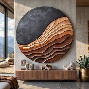 Round Layered Solid Wood Wall Sculpture with Flowing Relief and Textured Contrast