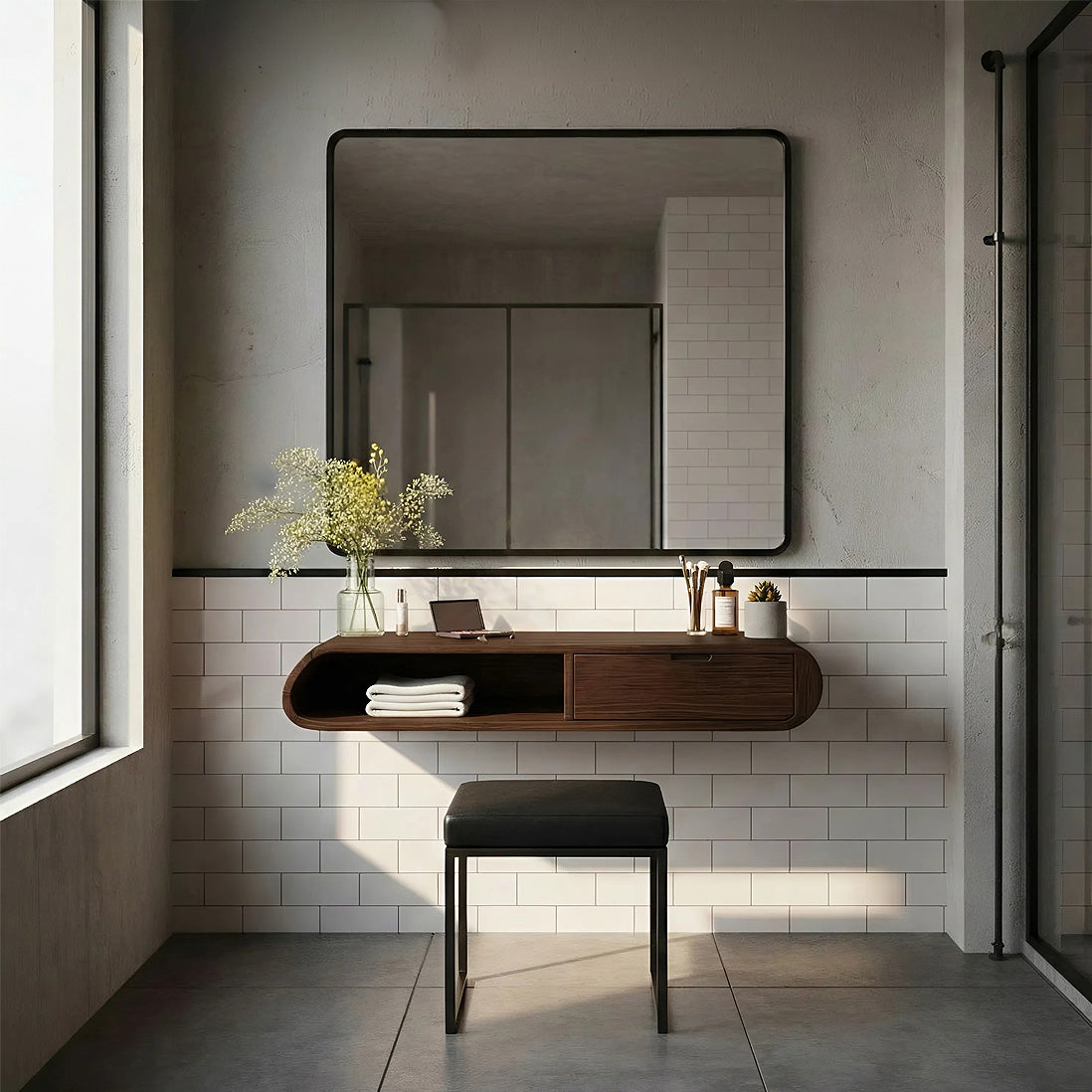 Floating Solid Wood Vanity with Rounded Drawer