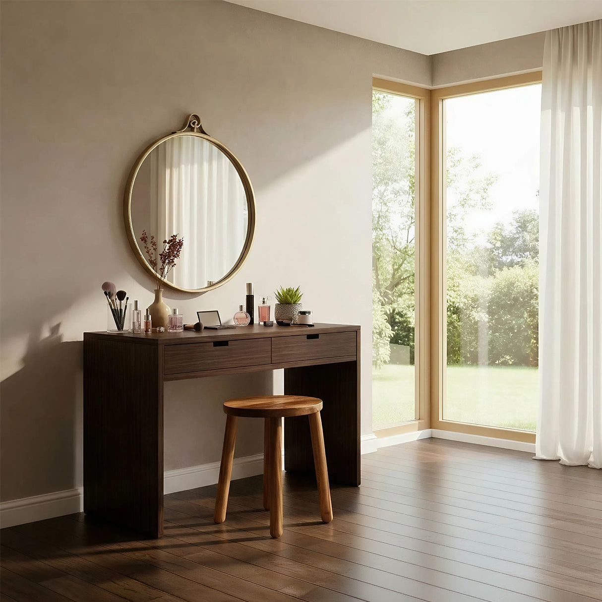 Solid Wood Vanity Table with Drawers for Warm Minimalist Interiors