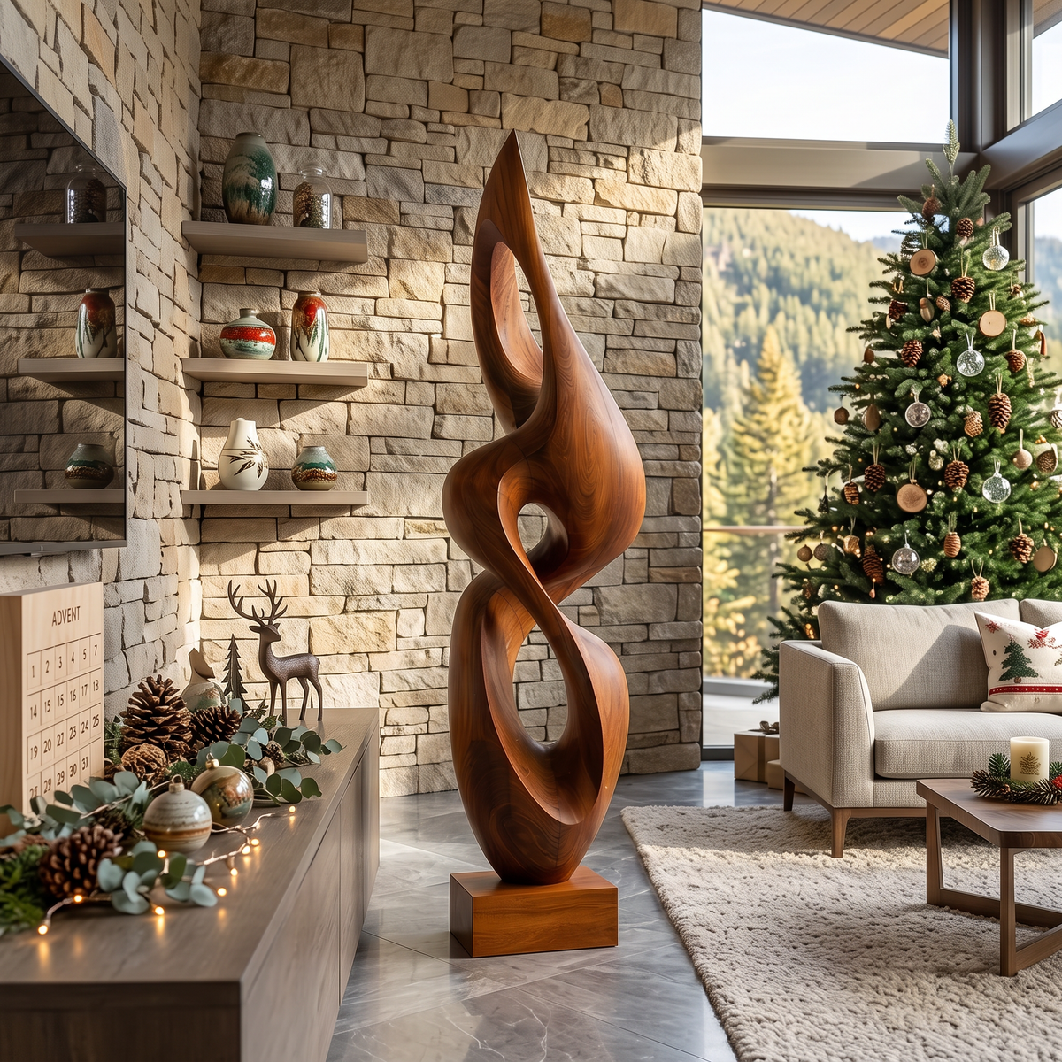 Contemporary Solid Wood Sculpture for Living Room or Entryway