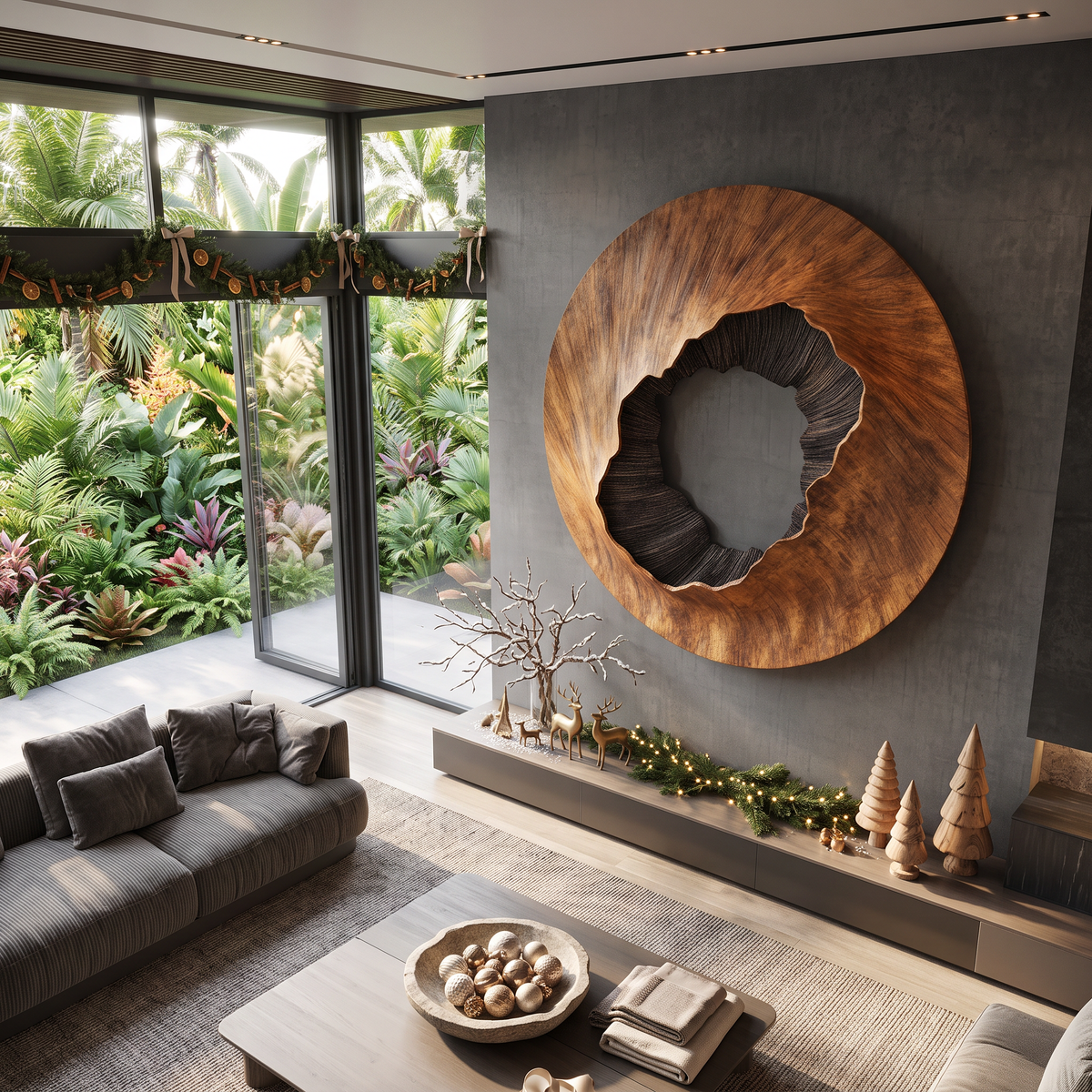 Large Round Solid Wood Wall Sculpture with Textured Center for Modern Interiors
