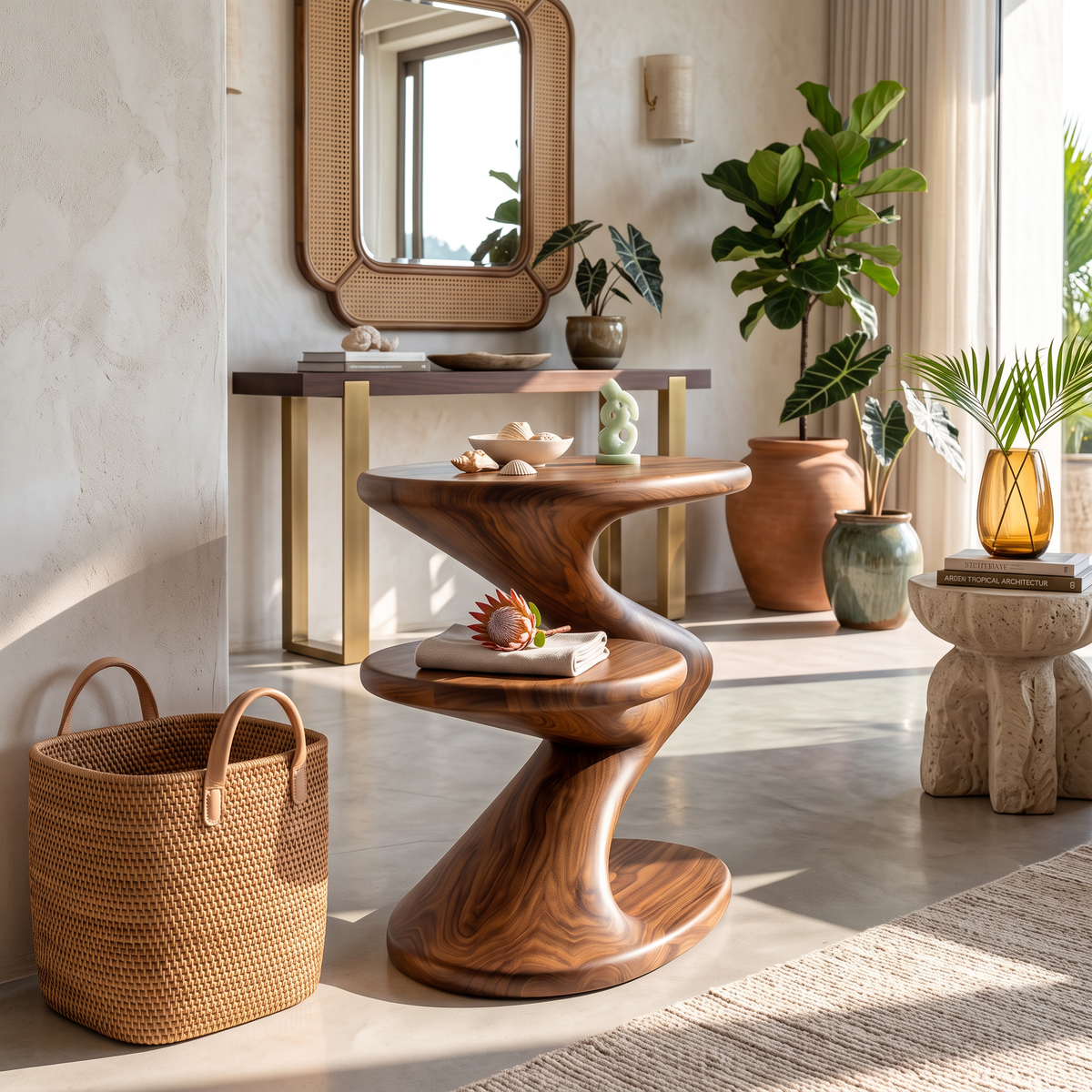 Two Tier Sculptural Solid Wood Side Table for Living Room and Lounge Styling