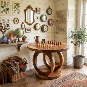 Handcrafted Solid Wood Round Chess Table with Sculptural Ring Pedestal