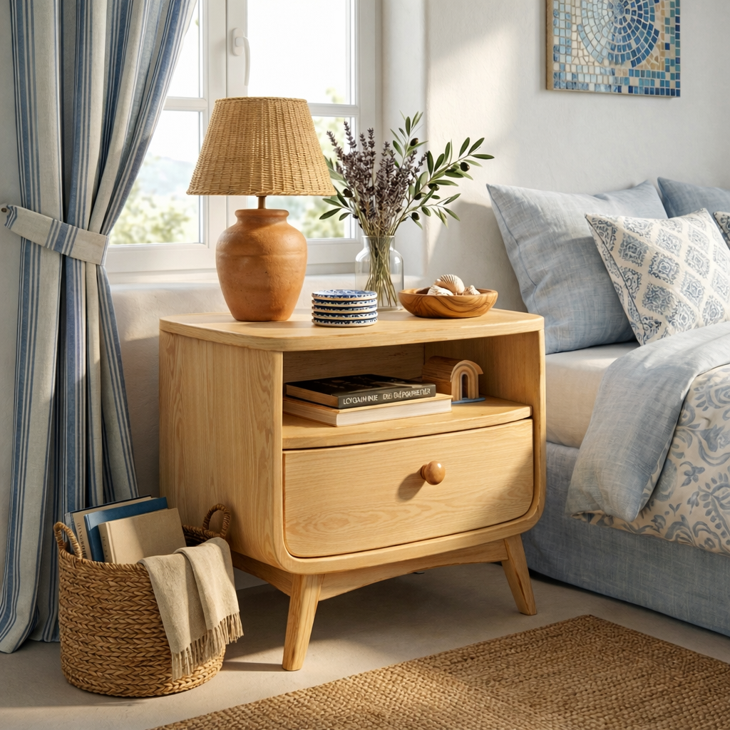 Handcrafted Solid Wood Nightstand with Open Shelf and Drawer for Bedroom