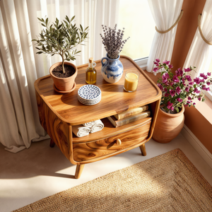 Handcrafted Solid Wood Nightstand with Open Shelf and Drawer for Bedroom