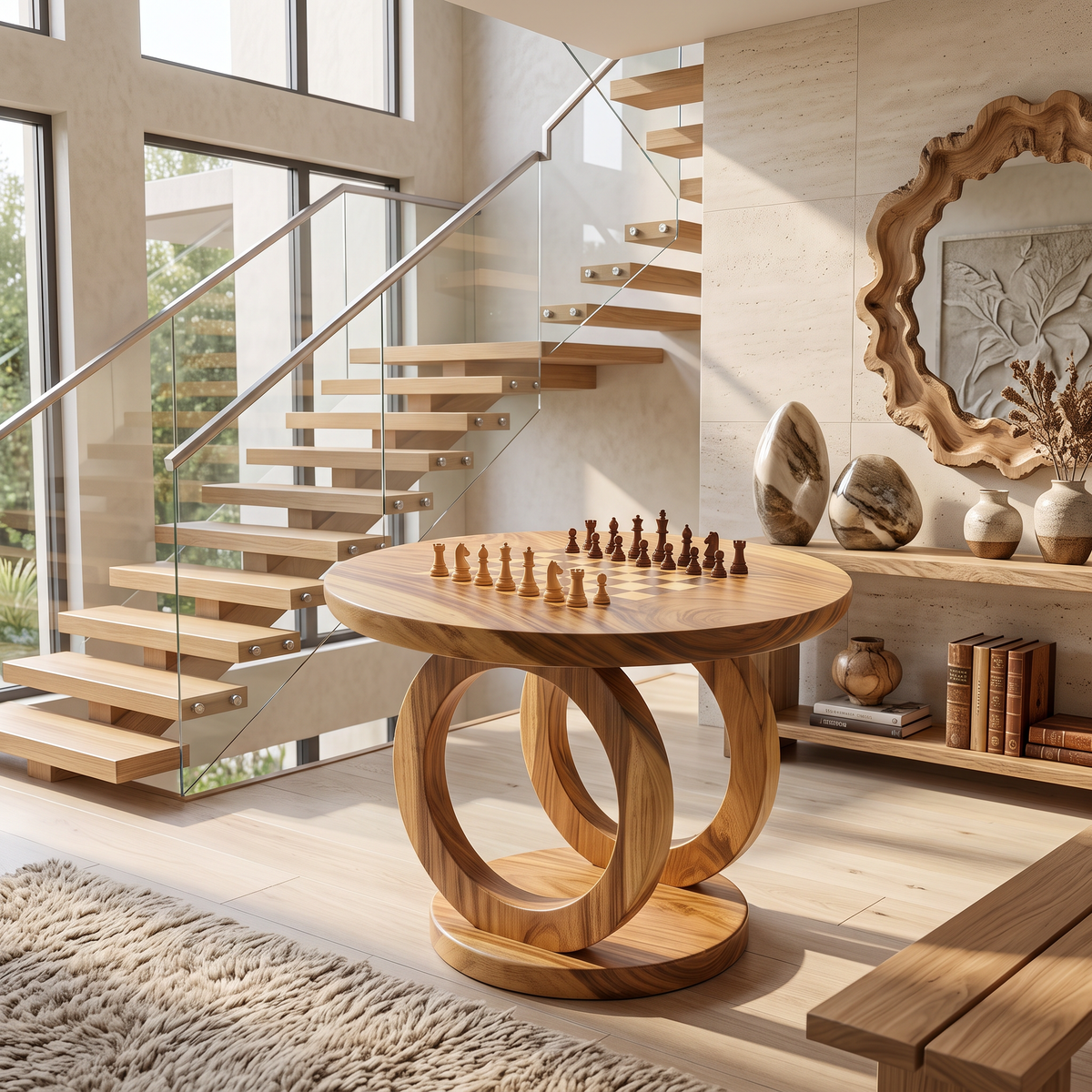 Handcrafted Solid Wood Round Chess Table with Sculptural Ring Pedestal