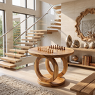 Handcrafted Solid Wood Round Chess Table with Sculptural Ring Pedestal