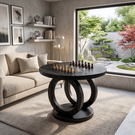 Handcrafted Solid Wood Round Chess Table with Sculptural Ring Pedestal