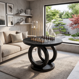 Handcrafted Solid Wood Round Chess Table with Sculptural Ring Pedestal